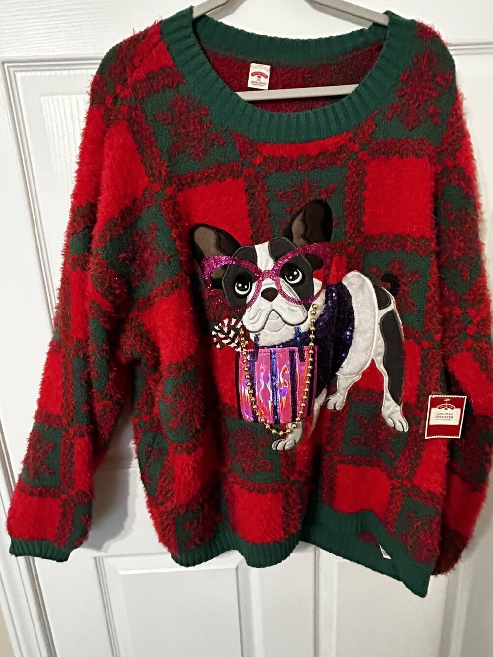 French Bulldog Ugly Christmas Sweater Green Red Necklace Pom Pom XXL